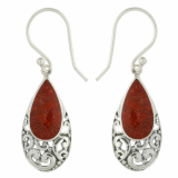 Elegant Pair Red Coral 925 Sterling Silver Dangle Earrings